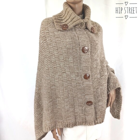 TURTLENECK Button Front Chunky Knit Poncho Cape Sweater One Size - Picture 1 of 2